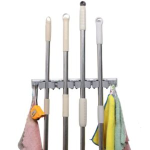 U.S. Solid Mop and Broom Holder, Wall Mounted, 4 Sliding Grippers & 4 Hooks, Garden Tool Organizer, Organize Kitchen, Garage, Laundry, Storage Rooms, 15.7 Inches