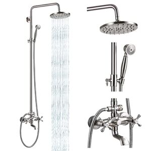 Shower Faucet Set Exposed 8 Rain Shower 2 Double Knobs Handle Brushed Nickel Triple Function Tub Spout Shower Fixture Combo System Unit Set