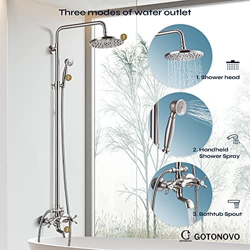 Shower Faucet Set Exposed 8 Rain Shower 2 Double Knobs Handle Brushed Nickel Triple Function Tub Spout Shower Fixture Combo System Unit Set | The Storepaperoomates Retail Market - Fast Affordable Shopping