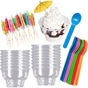 Ice Cream Sundae Kit – Clear Plastic 8 Ounce Dessert Dishes – Eco Friendly Plastic Spoons – Paper Umbrella Picks- 16 Cups, 16 Spoons 24 Umbrellas – Pink, Blue, Yellow, Green, Orange Party Supplies