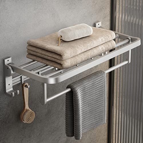 MUSTORN Towel Rack Wall Mount for Bathroom with Towel Bar and Hooks 23.6 in Foldable Towel Shelf Lavatory Towel Organizer Matte Silver | The Storepaperoomates Retail Market - Fast Affordable Shopping