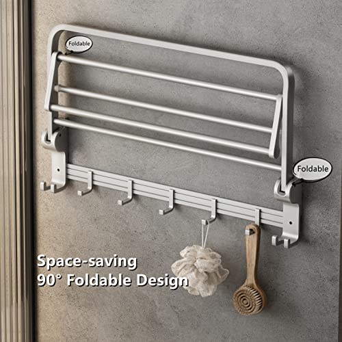 MUSTORN Towel Rack Wall Mount for Bathroom with Towel Bar and Hooks 23.6 in Foldable Towel Shelf Lavatory Towel Organizer Matte Silver | The Storepaperoomates Retail Market - Fast Affordable Shopping