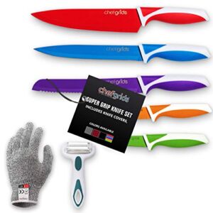Chef Grids Colorful Knife Set with Knife covers, with Multipurpose Peeler and Single protective glove | 12-piece Kitchen Knives set Rainbow Knife Set with assorted Colored Knives