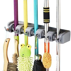 DayBuy Mop and Broom Holder Wall Closet Mounted with 5 Position and 6 Hooks Organizer Rakes Automatic Handle Grips Household Tool and Garage Storage Organization Racks