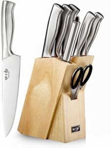 SIXILANG Knife Set, 8 Piece German Stainless Steel Hollow Handle Manual Knife Sharpener Forged Kitchen Knives Set with Oak Wooden Block Gift
