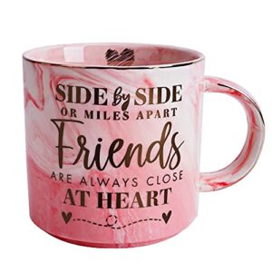 Long Distance Best Friend Birthday Gifts for Women – Funny Friendship Gift – Gifts for BFF, Bestfriend, Besties, Sister, Her – Side By Side Or Miles Apart – Cute Pink Marble Mug, 11.5oz Coffee Cup