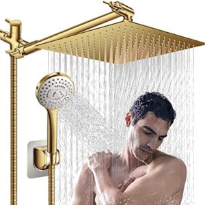Shower Head,12” Rain Shower Head with 11” Adjustable Extension Arm and 5 Settings High Pressure Handheld Shower Head Combo,Powerful Shower Spray Against Low Pressure Water-Brushed Gold