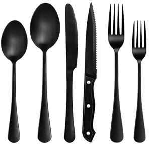 Matte Black Silverware Set, MCIRCO 48 Pieces Stainless Steel Flatware set with Steak Knives for 8, Tableware Cutlery Set, Utensils for Kitchen