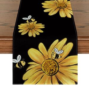 Artoid Mode Bee Sunflower Table Runner Black, Seasonal Spring Summer Flowers Holiday Kitchen Dining Table Decoration for Home Party Decor 13 x 72 Inch