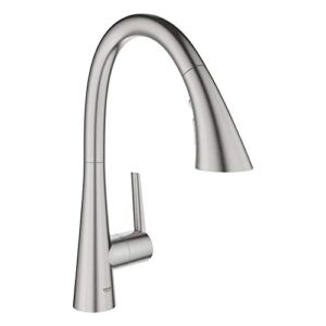 GROHE 32298DC3 Zedra Single-Handle Triple-Spray Kitchen Sink Faucet with Pull-Down Sprayer, Brass, SuperSteel Infinity