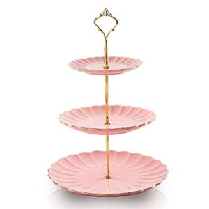 SWEEJAR 3 Tier Ceramic Cake Stand Wedding, Dessert Cupcake Stand for Tea Party Serving Platter (Pink)