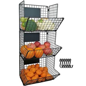 HRAYLTOP 3 Tier Wall Mounted Metal Wire Fruit Storage Basket, Hanging Kitchen Fruit Produce Storage Bins Organizer with S-Hooks and Adjustable Chalkboards, Multipurpose Bathroom Rack/Stand(Black)