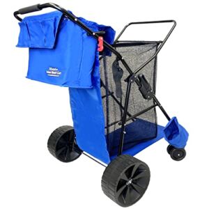 Beach Umbrella Wagon Cart Deluxe – Heavy Duty Folding Ocean Utility Cart – Large Sand Wheels – Holds 4 Beach Chairs – Storage Pouch – Beach Umbrella Holder –Removable Beach Bag – Solid Blue