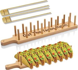 Bamboo Taco Holder Stand Plate Tray with 2 Tongs – Rack Holds 8 Soft or Hard Shell Tacos – Great also for Burritos and Tortillas Holder – Taco Holders Stands Taco Stand Taco Plate Plates Gift Bar Wood