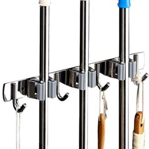 Broom Mop Holder ,Heavy Duty Hooks Hanger Wall Mounted ,Stainless Steel Organizer for Home, Kitchen, Garden, Garage, 3 Racks 4 Hooks, Grey