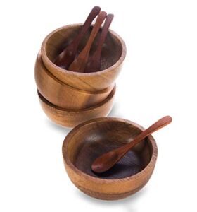 BestySuperStore 3¾” mini Acacia Round Wooden Bowl small size for Condiments, Dip Sauce, Nuts, Candy, Fruits, Appetizer, and Snacks, Calabash Wood Bowls Dia 3.75″x 1.5 H – Set of 4 (FREE 4 Wood Spoons)