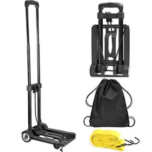 ZOENHOU 25KG 55Lbs Black Folding Hand Truck, Solid Construction Utility Cart, 2 Wheels Luggage Cart with 1 Roll Bungee Cord and 1 Pack Storage Pouch Compact, for Travel, Office