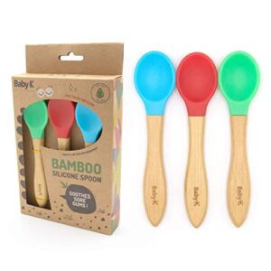 BABY K Self Feeding Bamboo Baby Spoons (Red,Blue & Green) – Baby Led Weaning Spoon for First Stage Infant – PVC Free Soft Silicone Tip – Gum Friendly Training – Perfect Size for First Time Eaters