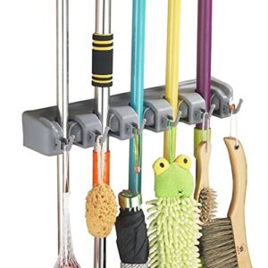SKEMIX Mop Broom Holder Wall Mounted Commercial Organizer Storage Rack 5 Position with 6 Hooks Holds Up to 11 Tools for Kitchen Garden and Garage,Laundry Offices