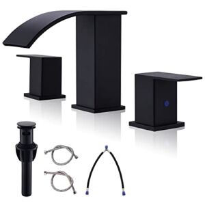 BRAVEBAR Black Waterfall Bathroom Faucet 3 Holes – 8Inch Widespread Bathroom Sink Faucet | Two Handles Lavatory Vanity Sink Faucets with Pop-up Drain Assembly & Supply Lines Matte Black