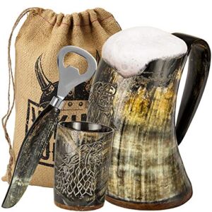 Viking Culture Ox Horn Mug, Shot Glass, and Bottle Opener (3 Pc. Set) Authentic 16-oz. Ale, Mead, and Beer Tankard | Vintage Stein with Handle | Custom Intricate Design – Natural Finish | Wolf/Fenrir