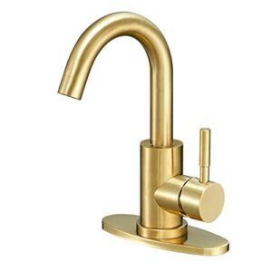 Hoimpro Modern Single Handle Wet Bar Sink Faucet with 6 Inch Cover Plate , Single Hole Bathroom Lavatory Faucet,Rv Small Bathroom Sink Faucet,Bar Vanity Faucet,Brushed Gold