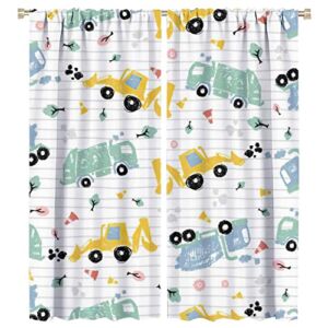 Denruny Boys Construction Truck Curtains,Cartoon Cute Hand Drawn Excavator Transporter Truck Blackout Curtains for Bedroom,Rod Pocket Window Drapes – Set of 2 Panels 55x63in