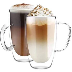 [2-Pack, 15 Oz] DESIGN•MASTER-Premium Double Wall Insulated Glass with Handle Coffee or Tea Glass Mugs, Thermo Insulated Glass, Perfect for Latte, Cappuccino, Americano and Tea