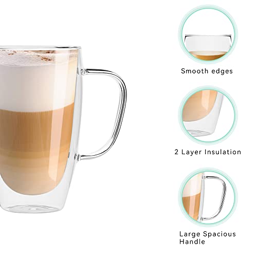 [2-Pack, 15 Oz] DESIGN•MASTER-Premium Double Wall Insulated Glass with Handle Coffee or Tea Glass Mugs, Thermo Insulated Glass, Perfect for Latte, Cappuccino, Americano and Tea | The Storepaperoomates Retail Market - Fast Affordable Shopping