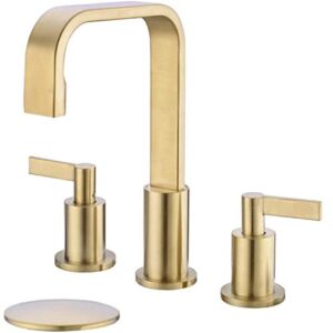 TRUSTMI 2 Handle Widespread Brass Bathroom Faucet with Overflow Pop Up Drain Assembly 8-16 Inch 3 Hole 360-Degree Swivel Basin Sink Vessel Spout with Valve and cUPC Water Supply Hose, Brushed Gold