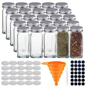 STONEKAE 25 Pcs Glass Spice Jars- Square Glass Containers With Square Empty Jars 4oz, Airtight Cap, Chalkboard & Clear Label, Shaker Insert Tops and Wide Funnel – Complete Organizer Set