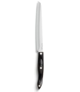 CUTCO Model 3729 Santoku-Style Carver with 8.2″ Double-D serrated edge blade and 5.5″ Classic Dark Brown handle (often called “Black”).