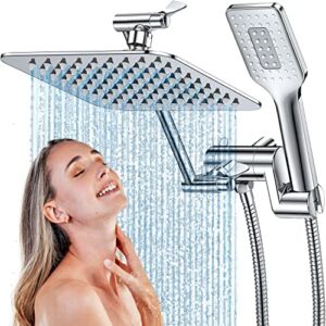 Shower Head with Handheld, Shawilk 8’’ High Pressure Rain shower Head with Adjustable Extension Arm Dual Square Shower Head Combo With 3 Spray Settings, 5ft Shower Hose, Anti-leak & Easy Installation