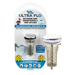 Drain Buddy Ultra Flo- 2 in 1 Bathroom Sink Stopper & Hair Catcher W/Patented Pull Clean Technology! | Fits 1.25” Sink Drains, Clog Preventing | Chrome Plastic Cap / 1 Replacement Basket