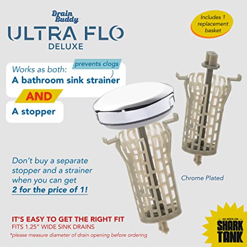 Drain Buddy Ultra Flo- 2 in 1 Bathroom Sink Stopper & Hair Catcher W/Patented Pull Clean Technology! | Fits 1.25” Sink Drains, Clog Preventing | Chrome Plastic Cap / 1 Replacement Basket | The Storepaperoomates Retail Market - Fast Affordable Shopping