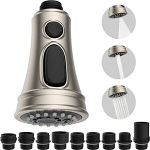 Pull Down Kitchen Faucet Head Replacement 3 Function Kitchen Faucet Sprayer Head with 9 Adapter Kit Brushed Nickel, Pull Out Kitchen Sink Sprayer Nozzle Head Kitchen Tap Spout