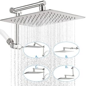 G-Promise Rain Shower Head with 13″ Adjustable Extension Arm | High Pressure Solid Metal Rainfall Showerhead | 10″ Luxury Morden Look Square Large Waterfall Showerhead (Brushed Nickel)