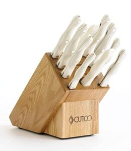 CUTCO Model 2018 White (pearl) Homemaker+8 Set…………18 High Carbon Stainless knives & forks in factory-sealed plastic bags, Honey Oak knife block, Sharpener, and 10” x 13” Poly Prep cutting board