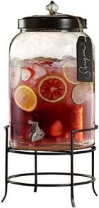 Style Setter Franklin 210235-GB 3 Gallon Glass Beverage Drink Dispensers with Metal Stand & Lid, Tag and Ceramic Knob, Clear, 20×11″