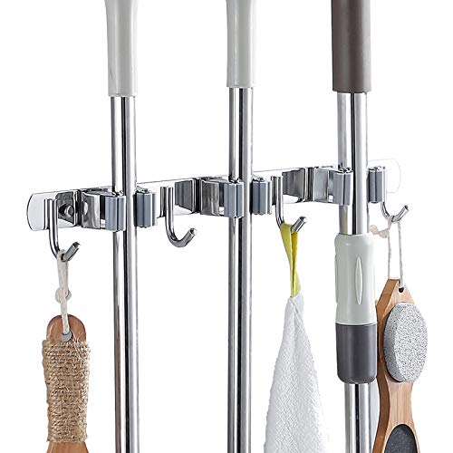 Broom and Mop Holder Wall Mount, Metal Stainless Steel Broom Organizer Wall Mounted 3 Racks 4 Hooks, Heavy Duty Tools Hanger for Bathroom Kitchen Office Closet Garden Garage | The Storepaperoomates Retail Market - Fast Affordable Shopping