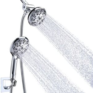 Dual Shower Head with Handheld, Briout 10 Settings High Pressure Rain Shower Head Combo with Hose/Holder – Enjoy Powerful Double Showerhead Spray Separately or Together, Chrome