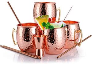 Yesland 4 Pcs Moscow Mule Copper Mugs, 16 oz Pure Solid Copper Mugs with Copper Straw, Copper Jigger & Cleaning Brush, Ideal for Beer and Cocktail