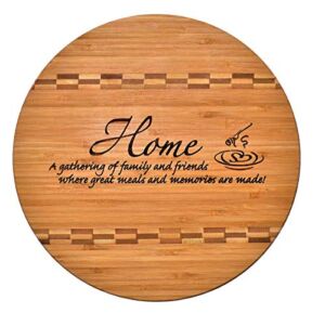 Housewarming Family Friends Gift – Engraved Bamboo Cutting Board Butcher Block Inlay Design – “A Gathering of Family and Friends – Where Great Meals and Memories are Made” New Home Decor (11.75 Round)