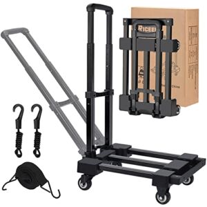 Luggage Cart RICEEL Hand Truck Foldable 220lbs Heavy Duty Folding Hand Truck with 90°-135° Adjustable Handle,3 Elastic Ropes for Travel,Moving