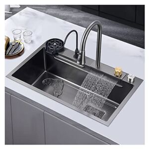 Kitchen Sink,New Stainless Steel Waterfall Sink,Bar Sink, 304 Stainless Steel Sink, with Cup Washer Sinks, Drop-in Or Undermount Installation (Color : Black-Grey, Size : 80x45x20cm)