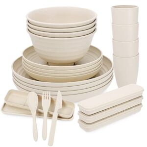Wheat Straw Dinnerware Set (32PCS)| Unbreakable Tableware Set Dishwasher & Microwave Safe Eco-Friendly Reusable Dinner Dessert Plates, Bowls, Mugs, Cutlery Beige