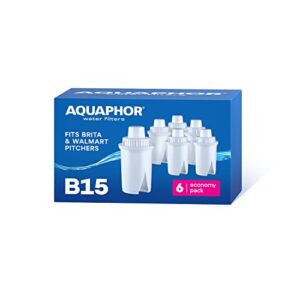 AQUAPHOR B15 6 Pack Pitcher Water Filter, fits all Aquaphor B15 pitchers, Brita Standard EveryDay AND WalMart Great Value, 45 Gallons per filter. Reduces Chlorine, limescale and heavy metals. BPA Free