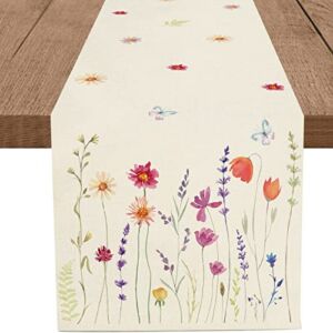 WHOMEAF Watercolor Floral Table Runner Burlap Daisy Poppy Wild Flowers Table Runners Seasonal Kitchen Dining Decor for Table Center Home Wedding Holiday Indoor Outdoor 13×72 Inch