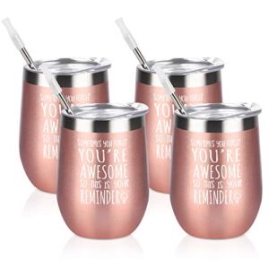 4 Pack Wine Tumbler, Thank You Idea-Sometimes You Forget You’re Awesome, Appreciation Idea for Women Friend Mom Wife Coworker Sister, Insulated Stainless Steel Tumbler with Lid(12oz, Rose Gold)