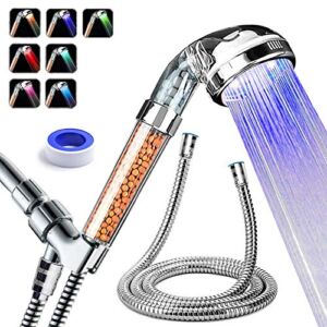 PRUGNA LED Shower Head with Hose and Shower Arm Bracket, High-Pressure Filter Handheld Shower for Repair Dry Skin and Hair Loss – 7 Colors Change Cyclically
